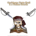 Caribbean Pirate Skull With Two Cutlass Swords and Stand