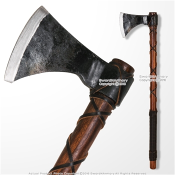 26“ Steel Viking Warrior Battle Axe Hatchet with Leather Wrapped Handle SCA LARP