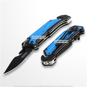 Blue 5-in1 Multi Function Spring Assisted Opening Knife Flash Light Fire Starter