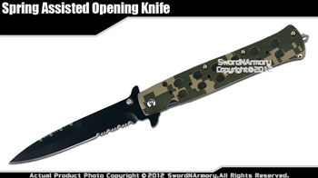 Green Army Camo Stiletto Assisted Open Folding Pocket Knife w/ Glass Breaker