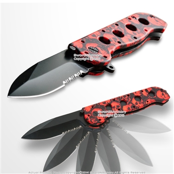 Spring Assist Open Folding Pocket Knife Fantasy Skull FRP Handle Serrated Blade