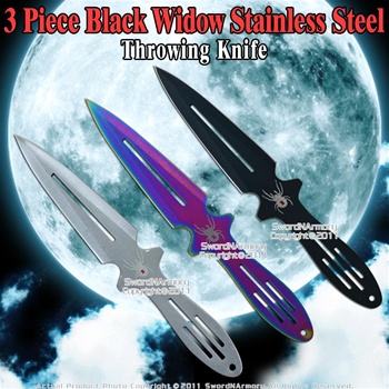 8.75" Set of 3 Widow Throwing Knife Steel Throwers Multiple Colors with Case