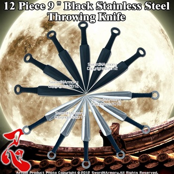 12 Pcs 9 " Black Stainless Steel Throwing Knife Set Anime Naurto Ninja Throwers