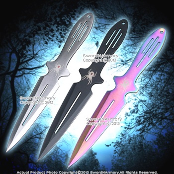 9" 3 Pcs Set Assorted Colors Throwing Knives Black Widow Throwers  w/ Sheath