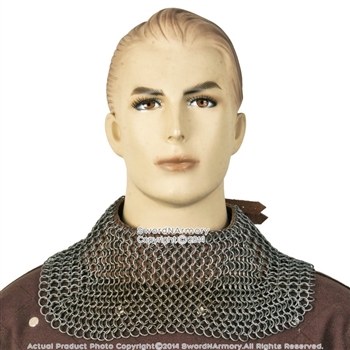 Medieval Chainmail Aventail Neck Protector w/ High Tensile Rings Leather Strap L
