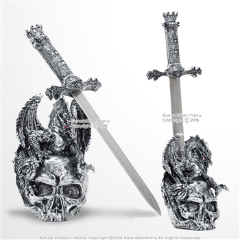 17" Silver Dragon Skull Stainless Steel Dagger Sword Letter Opener with Stand