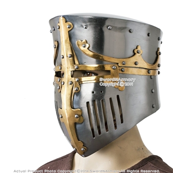 Functional Medieval Great Bucket Barrel Helm Pot Helmet w/ Brass 16G Steel SCA