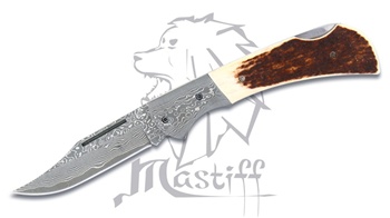 Mastiff Imported Japanese Damascus Steel Folding Knife Stag Horn Handle HRC 58