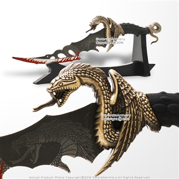 13" Hydra Winged Serpent Fantasy Dagger Short Sword with Display Table Stand