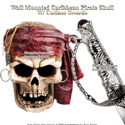 Wall Mounted Caribbean Pirate Skull With 2 Cutlass Swords