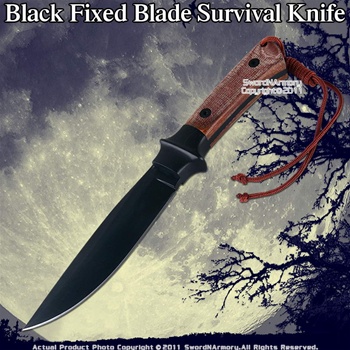 Black Fixed Blade Survival Knife W/ Sheath & Whet Stone