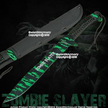16" Full Tang Black and Green Zombie Slayer Machete Killer Sword w/ Nylon Pouch