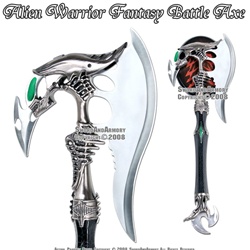 Alien Warrior Fantasy Battle Axe With Dagger & Plaque