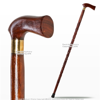 37" Hand Craved Art Deco Sheesham Wooden Walking Cane w/ 5" Handle / Brass Neck