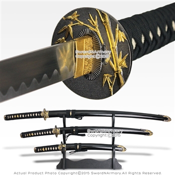 Japanese Bushido Bamboo Last Samurai Sword Set Katana Wakizashi Tanto w/ Stand