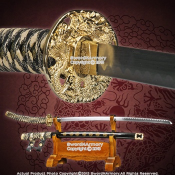 Ornamental Japanese Style Jin Tachi Sword Samurai Katana Dragon Tsuba Black Scab