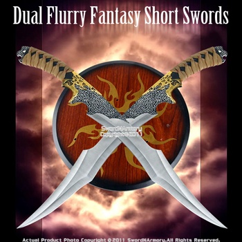 Dual Flurry Fantasy Short Swords Dagger w/ Scabbard & Plaque