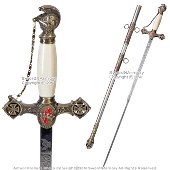 Masonic Knights Templar Ceremonial Sword Mason Antiqued Brown Finish with Chain