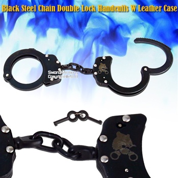 Black Steel Chain Double Lock Handcuffs W Leather Case