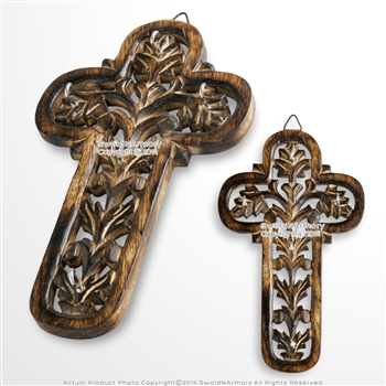 Wooden Burnt Antique Medieval Knight Cross Cutout Five Keychain Holder Rack Plaq
