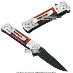 Assisted Opening Knife Serrated Wood Handle Steel Tactical Folder