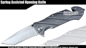 Assisted Opening Rescue Silver Folder Knife Tanto Point