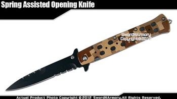 Desert Brown Camo Stiletto Assisted Open Folding Pocket Knife w/ Glass Breaker