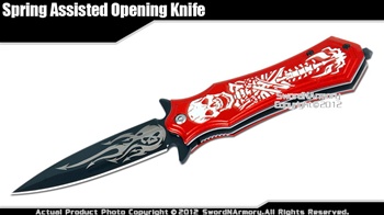 Red Reaper Assisted Opening Knife Pocket Folder Skull Handle with Glass Breaker