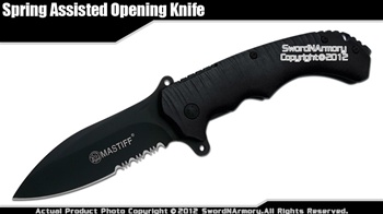 Mastiff Assisted Opening Pocket Knife 7CR17MOV Blade Serrated Steel Handle Black
