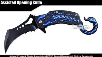 Blue Scorpion Fantasy Spring Assisted Open Knife Pocket Folder Serrated Blade