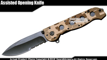 Desert Brown Camo Drop Point Assisted Open Folding Pocket Knife Serrated Blade