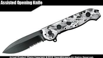 Black Skull Drop Point Spring Assisted Open Folding Pocket Knife Serrated Blade