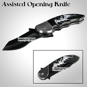 8" Black Bat Spring Assisted Knife Pocket Folder w/ Aluminum Handle Black Blade