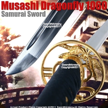 Handmade Musashi Dragonfly 1060 Samurai Katana Sword Gold Tsuba