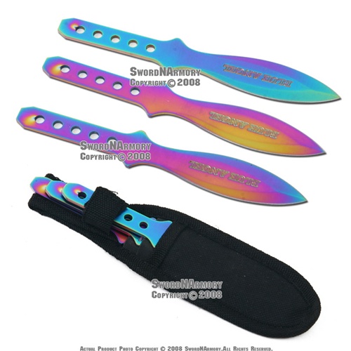 Set of 3 Multi Color Blue Angel Throwing Knife W Sheath
