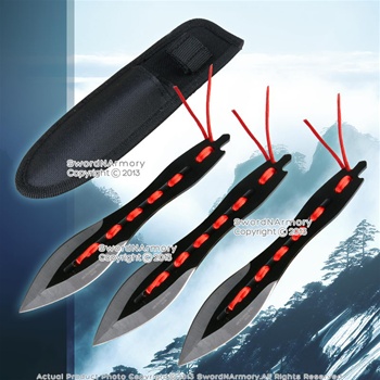 7 1/2" 3 Pcs Throwing Knife Set Ninja Throwers with Red Strap and Nylon Sheath