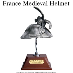 France Helmet Pewter W/ Wooden Stand & Plaque
