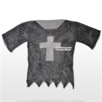 Black X-Large Medieval Chainmail Shirt Steel Butted Half Sleeve w/ Templar Cross