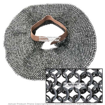 Medieval Chainmail Aventail w/ Leather Collar Round Ring Round Riveted 18G Steel