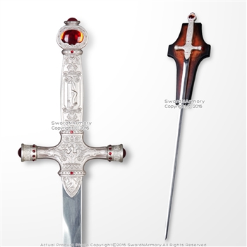 32" Silver Magic Fantasy Sword Stainless Steel Red Ruby with Display Plaque