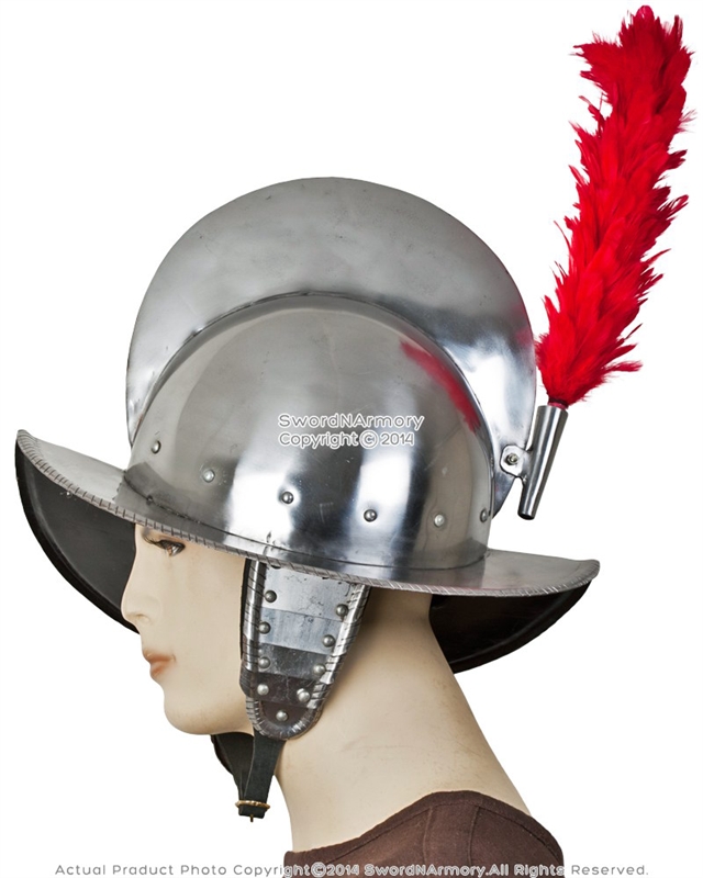 Spanish Comb Morion Helmet 20G Steel w/ Red Feather Plume Renaissance Fair LARP 