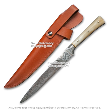 Folded Steel Damascus Handmade Fixed Blade Knife Bone Hande Silver Inlay Sheath