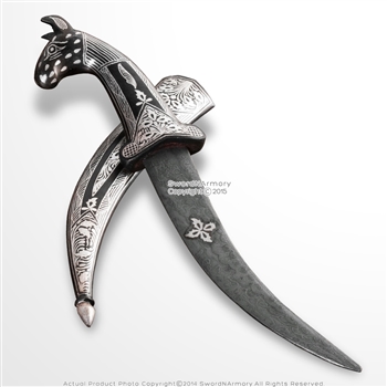 Handmade Iron Forged Koftgari Damascus Steel Blade Jackal Handle Dagger Knife