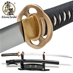The Munetoshi 1075 Competition Hira-Zukuri Katana Sword is a purpose built sword specifically for tatami omote mat cutting. Featuring a custom designed habaki by Jake of the Cutting Mechanics and specially designed blade, this hira-zukuri katana has been