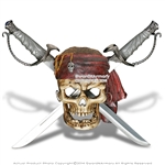 Caribbean Sea Pirate Skeleton Skull Wall Display w/ Hanging Dual Cutlass Swords