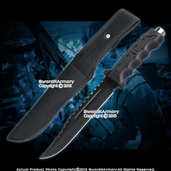 12" Black Fixed Blade Tactical Knife Serrated Dagger with Nylon Pouch