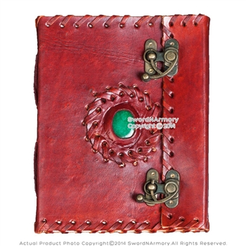 Medieval Renaissance Leather Journal Diary Notebook Notepad w/Lock & Green Stone