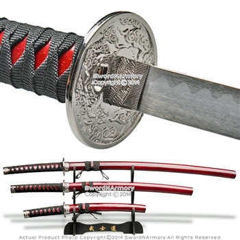 Set of 3 Burgundy Japanese Style Samurai Sword Set Katana Wakizashi Tanto Stand