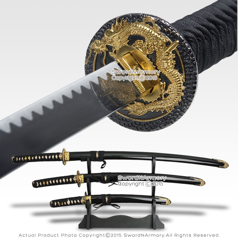 3 Pc White Dragon Design Samurai Katana Swords Set with Stand