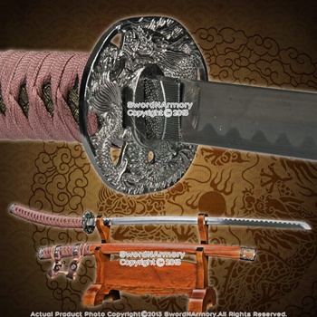 Ornamental Japanese Style Jin Tachi Sword Samurai Katana Dragon Tsuba Wood Scab